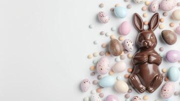Easter composition - chocolate bunny, colored eggs and candies on white paper background, top view photo