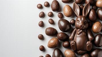 Easter composition - chocolate bunny, colored eggs and candies on white paper background, top view photo