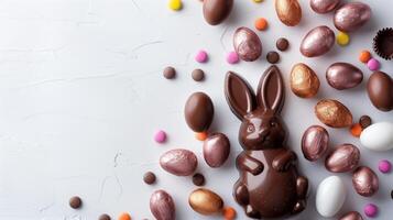 Easter composition - chocolate bunny, colored eggs and candies on white paper background, top view photo