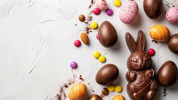 Easter chocolate bunny and colorful bright eggs on stone gray background, top view, copy space photo