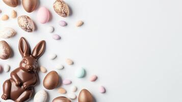 Easter composition - chocolate bunny, colored eggs and candies on white paper background, top view photo
