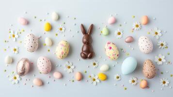Easter composition - chocolate bunny, colored eggs and candies on white paper background, top view photo