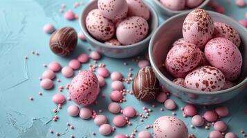 Easter pastel pink eggs and chocolates in a plate on a blue stone background, flat lay composition photo