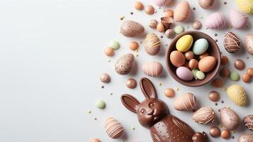 Easter composition - chocolate bunny, colored eggs and candies on white paper background, top view photo