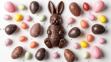 Easter composition - chocolate bunny, colored eggs and candies on white paper background, top view photo