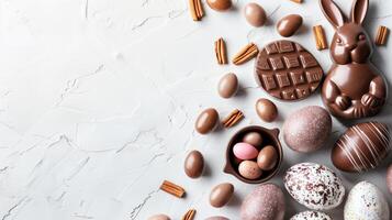 Easter chocolate bunny and colorful bright eggs on stone gray background, top view, copy space photo