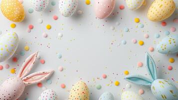 Easter flat lay composition. Bunny ears and Easter eggs on a white background top view photo