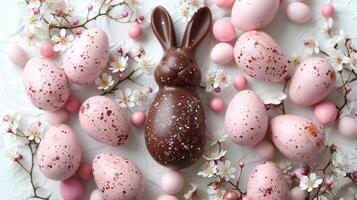 Easter composition - chocolate bunny, colored eggs and candies on white paper background, top view photo