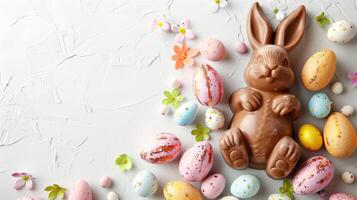 Easter chocolate bunny and colorful bright eggs on stone gray background, top view, copy space photo