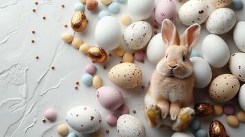 Funny easter bunny lying among easter eggs and candies with copy space on gray background photo