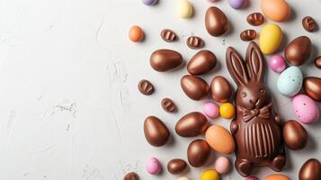 Easter chocolate bunny and colorful bright eggs on stone gray background, top view, copy space photo