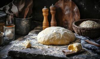 Unshaped bread dough on a stone table, rustic kitchen photo
