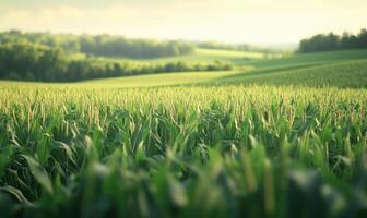 Serene cornfield, endless rows, lush green, soft breeze photo