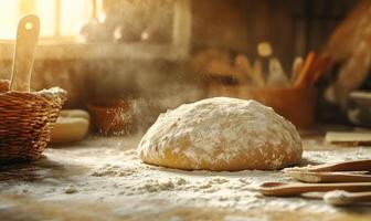 Rustic dough for bread on a floured countertop, wooden utensils photo