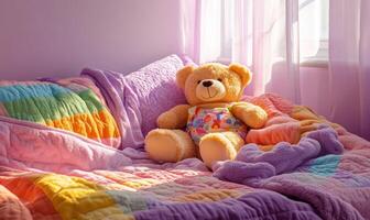 Teddy bear sitting upright on bed, colorful bedding photo
