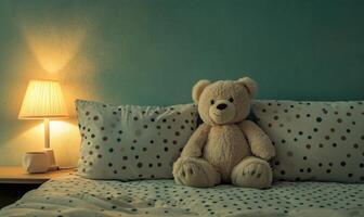 Plush bear sitting upright on bed, polka dot pillows photo