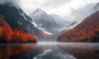 Serene autumn view, mountain range, orange and red foliage photo