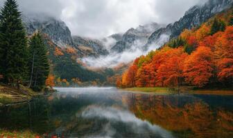 Serene autumn view, mountain range, orange and red foliage photo
