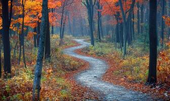 Serene autumn scene, forest, winding path, vibrant foliage photo
