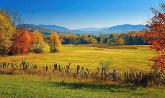 Tranquil autumn view, open field, colorful trees, distant mountains photo