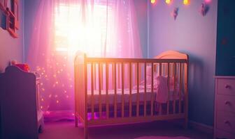 Wooden crib in a lavender-themed nursery photo