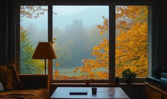 Warm interior, large window, view of misty autumn landscape photo