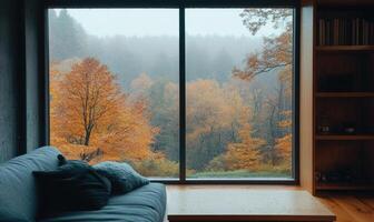 Warm interior, large window, view of misty autumn landscape photo