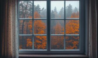 Warm interior, large window, view of misty autumn landscape photo