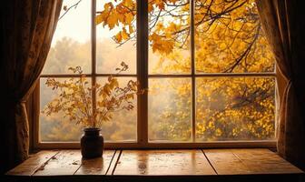 Warm interior, large window, view of misty autumn landscape photo