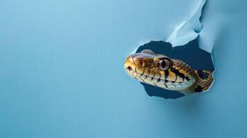 cute bull snake peeking through a hole photo