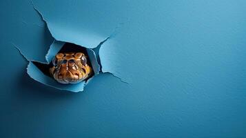 cute anaconda peeking through a hole photo
