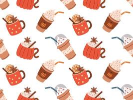 Flat style seamless pattern featuring cozy autumn drinks like spiced lattes and hot cocoa. Perfect for seasonal wrapping paper, textiles, digital backgrounds, or autumn-themed designs. vector