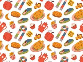 Flat style seamless autumn pattern with cozy fall elements like pumpkins, slippers, pies, scarves, and warm drinks. Ideal for seasonal designs, textiles, wrapping paper, or digital backgrounds. vector