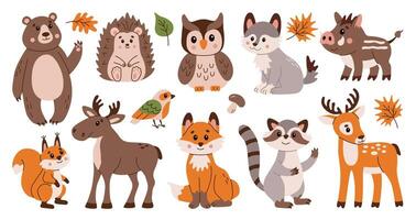 Flat style illustration featuring a collection of cute forest animals, including bear, owl, hedgehog, and deer. Perfect for children's projects, autumn designs, educational materials, and more. vector