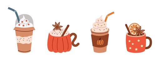 Flat style illustration of autumn drinks milkshake, pumpkin spice latte, whipped cream coffee, and mulled cider. Perfect for seasonal projects, caf designs, and cozy beverage themes. vector
