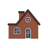 Rustic brown brick house with white shutters on the windows, stove and tiled roof on a white background. vector