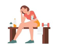 Resting after working out training tired sitting on benches gym catch breath and drinking water concept illustration vector