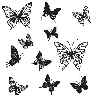 single line black Flying butterflies silhouette black set isolated on transparent
