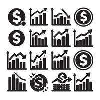Set of chart icons with dollar sign in even silhouette on a white background. The graph shows downward and upward trends. vector