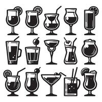 Set of icons of various black drink glasses image with white background vector