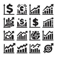 Set of chart icons with dollar sign in even silhouette on a white background. The graph shows downward and upward trends. vector
