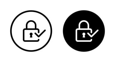 Lock with check mark icon on black circle. Padlock with tick sign symbol vector