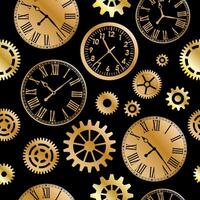 Gold metallic mechanical gears and clocks seamless pattern on black background vector