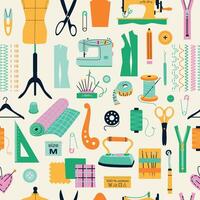 Seamless pattern of sewing tools icons tailor hand made workshop vector