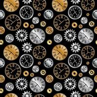 Gold silver metallic mechanical gears and clocks seamless pattern on black background vector