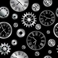 silver metallic mechanical gears and clocks seamless pattern on black background vector