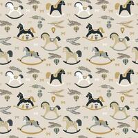 Christmas pattern with childish rocking horses on beige background. Pine branch. Holiday design for Textile, Fabrics, Wrapping paper. vector