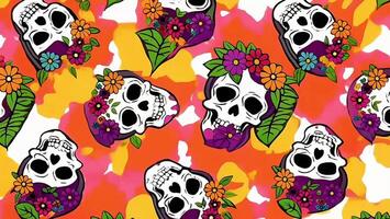 Pattern of skulls and flowers on a colorful background, with a slight rotation and a slight zoom in and out. video