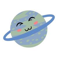Planet Saturn with eyes and a smile. Kawaii vector