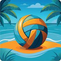 Beach volleyball on the sand, framed by palm trees and ocean waves vector